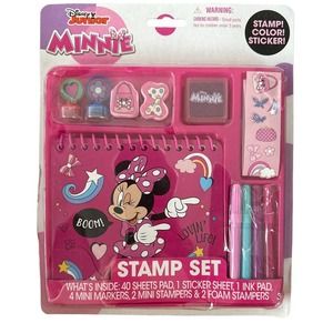 Disney Minnie Stamp Set w/40 Sheets Pad, 1 Sticker Sheet, 1 Ink Pad, 4 Mini Mark